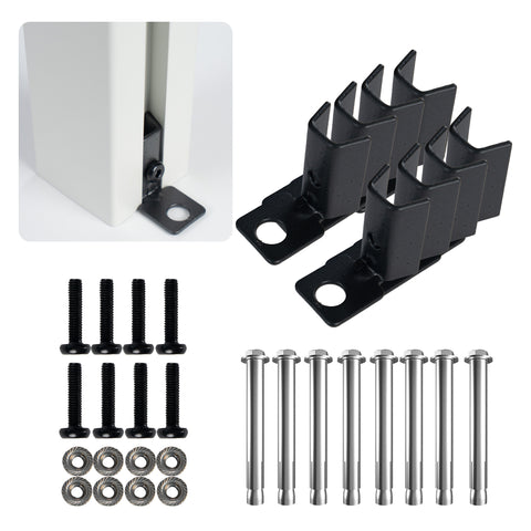 A set of installation components for an outdoor fence. The image includes black metal brackets, black screws, serrated washers, and silver - colored expansion bolts. There is also a close - up inset showing how the black bracket attaches to a white fence post.Outdoor Fence Installation Components Set. outdoor fence, installation components, black metal brackets, screws, expansion bolts, fence accessories
