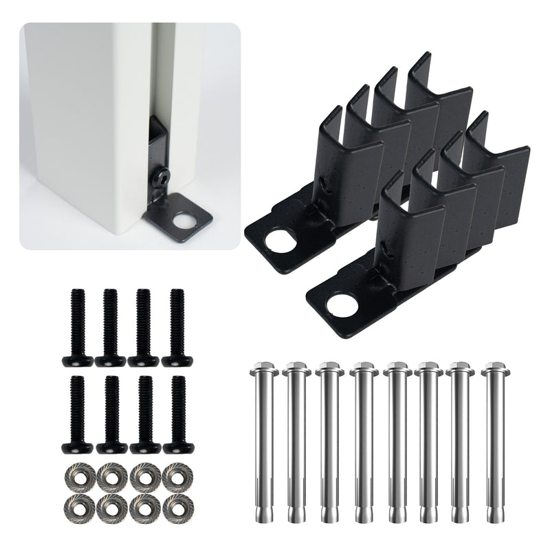 A set of installation components for an outdoor fence. The image includes black metal brackets, black screws, serrated washers, and silver - colored expansion bolts. There is also a close - up inset showing how the black bracket attaches to a white fence post.Outdoor Fence Installation Components Set. outdoor fence, installation components, black metal brackets, screws, expansion bolts, fence accessories