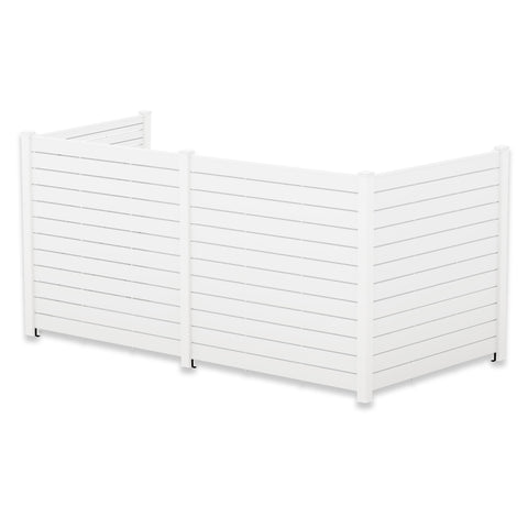 A white outdoor privacy fence with horizontal slats, designed in an L - shape. The fence features a clean, modern look and is suitable for creating private spaces in gardens or patios. Modern White Outdoor Privacy Fence. outdoor privacy fence, white fence, horizontal slat design, garden fencing, patio divider. U shape.