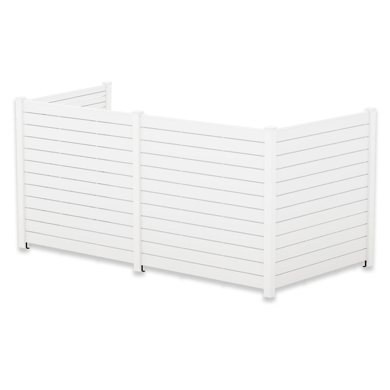 A white outdoor privacy fence with horizontal slats, designed in an L - shape. The fence features a clean, modern look and is suitable for creating private spaces in gardens or patios. Modern White Outdoor Privacy Fence. outdoor privacy fence, white fence, horizontal slat design, garden fencing, patio divider. U shape.