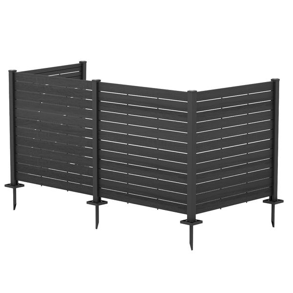 A modern outdoor privacy fence with a sleek, dark - colored design. The fence features horizontal slats and stands on sturdy posts with pointed stakes at the bottom, likely for easy ground installation. Sleek Modern Outdoor Privacy Fence. outdoor privacy fence, horizontal slat fence, dark - colored fence, garden fencing, easy - install fence. U shape.