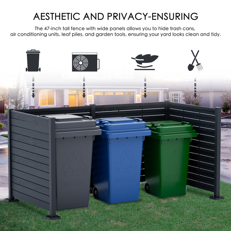 A 47 - inch tall outdoor privacy fence with wide slatted panels in a dark color, used to conceal trash cans, air conditioning units, leaf piles, and garden tools. The fence helps keep the yard looking neat and tidy, as indicated by the text and icons above the image.Functional Outdoor Privacy Fence for Yard Organization. outdoor privacy fence, yard organization, trash can concealment, air conditioner cover, garden tool storage