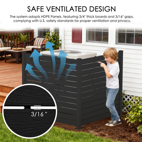 Kozyard outdoor privacy screen and air conditioner fence enclosure features durable HDPE panels with 3/4-inch thick boards and 3/16-inch ventilation gaps for airflow and privacy. This ventilated AC unit screen helps conceal outdoor air conditioners, HVAC equipment, trash cans and utility areas while providing an attractive privacy fence solution for patio, backyard, garden and residential outdoor spaces.