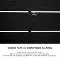 A close - up image of dark - colored wood plastic composite boards used in an outdoor fence. The boards have a wood - grain texture, with a measurement of 3/16" indicating the gap between them. The text explains that these composite boards are 3/4 inch thick, providing durability and strength, while the gaps allow for ventilation and privacy. Durable Wood Plastic Composite Boards for Outdoor Fences.outdoor fence, wood plastic composite boards, durability, wood - grain texture, ventilation gaps.