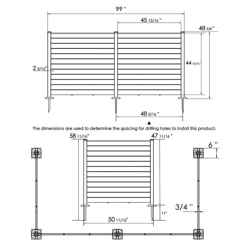 Technical drawings of an outdoor fence showing key dimensions. The top view provides the width measurements of the fence panels and posts, while the side view includes details about the height and the spacing of the components. The text indicates that these dimensions are for determining the spacing for drilling holes during installation.Outdoor Fence Installation Dimensions.