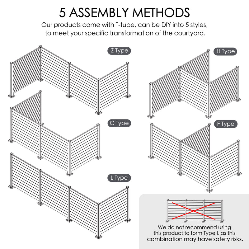 An instructional graphic for an outdoor fence showcasing five different assembly methods (Z Type, H Type, C Type, F Type, and L Type) made possible with the included T - tube. It also warns against using the product to form Type I due to potential safety risks. The text explains that the product can be DIY - assembled into these styles to meet various courtyard transformation needs.Outdoor Fence: 5 DIY Assembly Styles with Safety Tips. outdoor fence, DIY assembly, assembly methods, courtyard transformation,