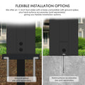 Kozyard flexible installation options diagram for multi-panel outdoor privacy screens. Side-by-side technical graphic illustrates versatile mounting methods for the fence post kit, including deep-ground installation using an 11-inch foot stake with ground spikes for lawns, and concrete anchor bolts hard-surface accessories sold separately for secure anchoring on concrete patios and stone driveways.