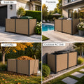Kozyard large 3-panel outdoor privacy fence enclosure multi-scene application layout. Four lifestyle panels demonstrate versatile home use: concealing multiple wheelie trash cans, hiding pool filter equipment, surrounding a backyard garden leaf pile compost area, and wrapping around outdoor AC units. Weatherproof taupe wood-look color perfectly matches modern architecture, lawns, and brick patios.
