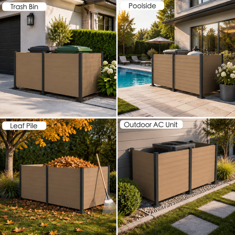 Kozyard large 3-panel outdoor privacy fence enclosure multi-scene application layout. Four lifestyle panels demonstrate versatile home use: concealing multiple wheelie trash cans, hiding pool filter equipment, surrounding a backyard garden leaf pile compost area, and wrapping around outdoor AC units. Weatherproof taupe wood-look color perfectly matches modern architecture, lawns, and brick patios.