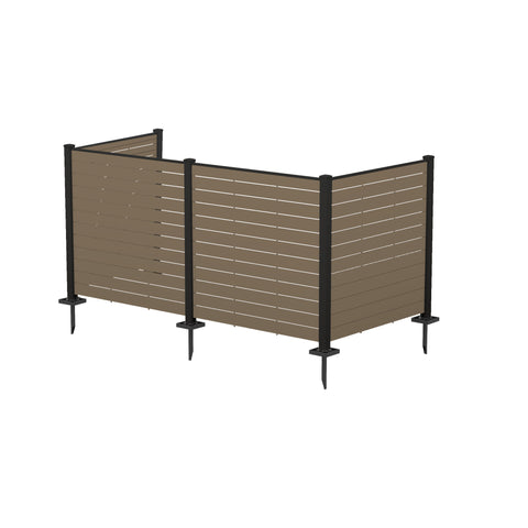 Kozyard extra-wide 3-panel L-shaped outdoor privacy screen enclosure isolated on a white background. High-resolution 3D render showcases the premium taupe horizontal WPC wood plastic composite panels with black anodized aluminum corner posts and heavy-duty 11-inch ground stake anchors with stability foot plates. Highlights the clean-lined modern look of this weather-resistant yard utility screening kit.