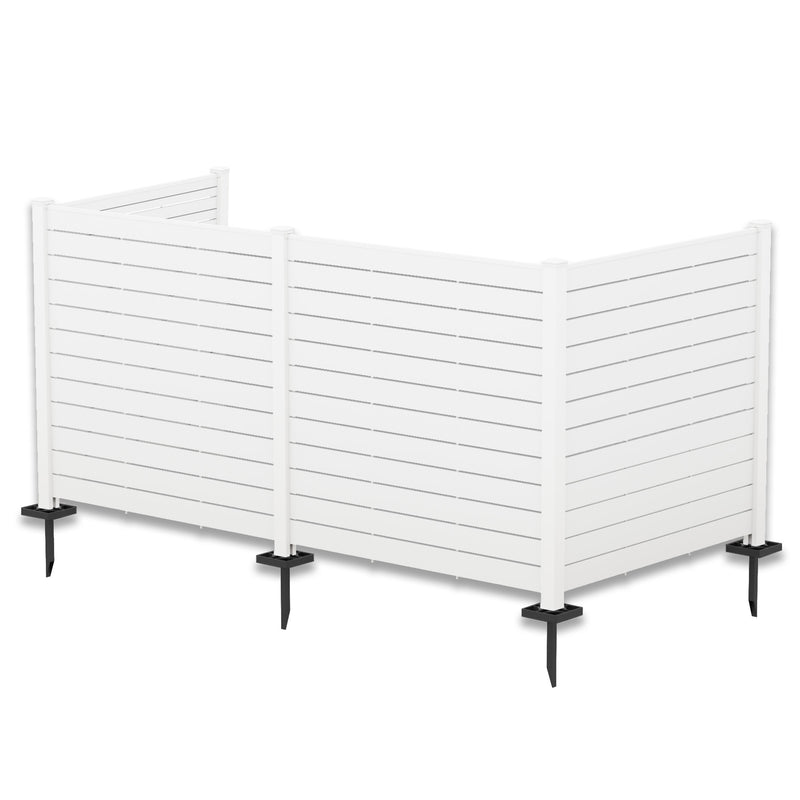 A white outdoor privacy fence with horizontal slats, supported by vertical posts. The fence is equipped with black metal stakes at the bottom for easy ground installation, making it suitable for defining spaces in gardens or patios.Elegant White Outdoor Privacy Fence. outdoor privacy fence, white fence, horizontal slat fence, garden fencing, easy - install fence. U shape.