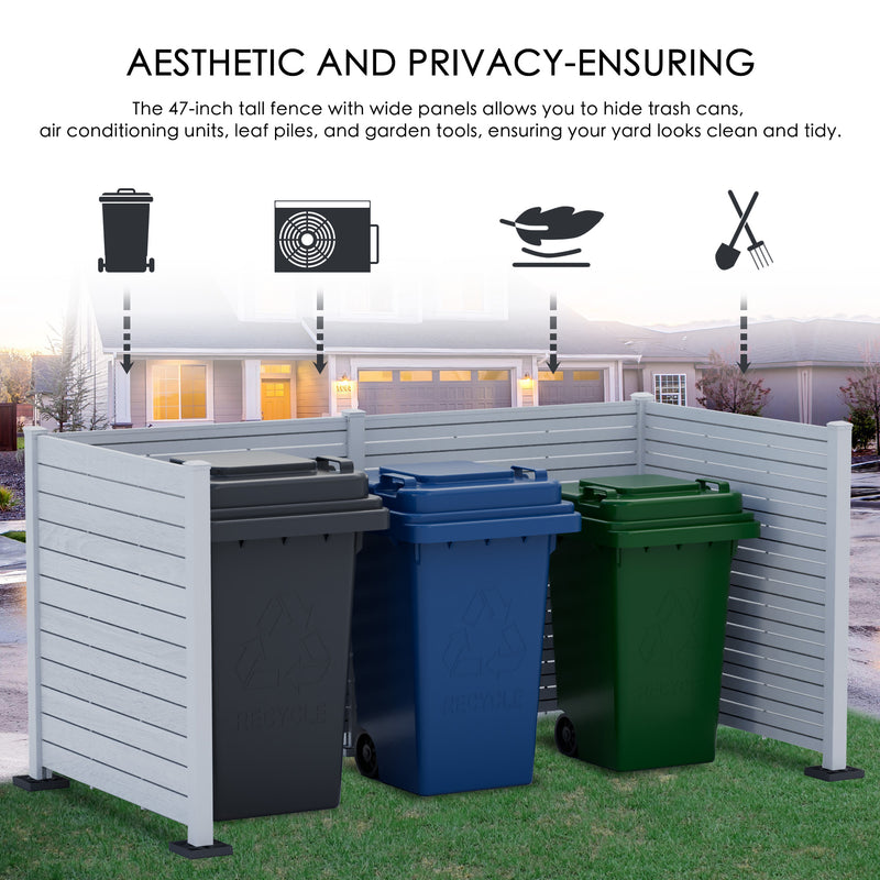 A 47 - inch tall white outdoor privacy fence with wide slats, effectively hiding trash cans. Icons above illustrate its use for concealing other items like air - conditioning units, leaf piles, and garden tools, keeping the yard neat and tidy. Neat - Keeping White Outdoor Privacy Fence. outdoor privacy fence, trash can concealment, yard tidiness, air conditioner cover, garden tool storage.