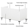 A labeled illustration of a white outdoor fence, identifying its key components. The labels point out the top cover, panel edge banding, aluminium post, wood plastic composites, chassis, and ground stake, showing the structure and materials of the fence. White Outdoor Fence: Component Breakdown. white outdoor fence, fence components, aluminium post, wood plastic composites, ground stake