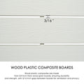 A close - up view of light - colored wood plastic composite boards with a textured surface. The image shows a 3/16" gap between the boards. The text below explains that these boards are 3/4 inch thick, with wood - grain patterns, providing durability and strength, while the gaps allow for ventilation and privacy. Durable Wood Plastic Composite Boards for Outdoor Fences. outdoor fence, wood plastic composite boards, durability, wood - grain texture, ventilation gaps, privacy.