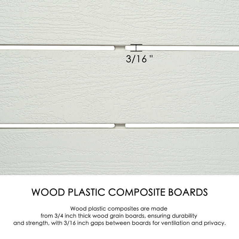 A close - up view of light - colored wood plastic composite boards with a textured surface. The image shows a 3/16" gap between the boards. The text below explains that these boards are 3/4 inch thick, with wood - grain patterns, providing durability and strength, while the gaps allow for ventilation and privacy. Durable Wood Plastic Composite Boards for Outdoor Fences. outdoor fence, wood plastic composite boards, durability, wood - grain texture, ventilation gaps, privacy.