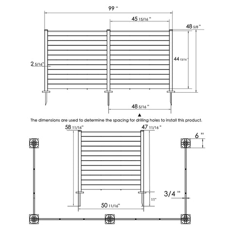 Technical drawings of an outdoor fence showing key dimensions. The top view provides the width measurements of the fence panels and posts, while the side view includes details about the height and the spacing of the components. The text indicates that these dimensions are for determining the spacing for drilling holes during installation.Outdoor Fence Installation Dimensions.