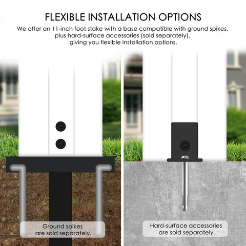 Kozyard outdoor equipment flexible installation: 11-inch foot stake base compatible with ground spikes (sold separately) & hard-surface accessories (sold separately), providing versatile setup options for various outdoor surfaces, ideal for adaptable outdoor product mounting.
