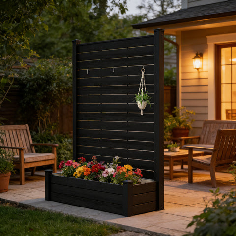 Kozyard Outdoor Privacy Fence Planter – Vertical Garden Design with Detachable Hooks & Built-In Planter Box, Constructed from Durable Wood-Plastic Panels & Aluminum Posts – Stylish Outdoor Decor for Patios/Yards.
