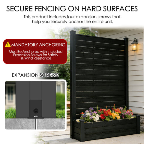 Space-saving garden integration with the Kozyard all-in-one privacy screen and raised planter box. This composite WPC fence features an integrated watering design where a woman is watering hydrangeas. No extra pots are needed. The vertical screen includes hanging hooks for herbs, small plants, or decorative items. Perfect for compact patios, balconies, or outdoor room dividers, combining aesthetics and utility.