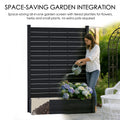 Anatomical diagram labeling the parts of the Kozyard WPC Privacy Screen with Planter. This black composite fence unit is built with strong, durable aluminum posts, reinforced with edge strips and top covers for a finished look. Features include integrated hanging hooks for decorations or plants, and high-quality wood-plastic composite panels for long-lasting, weather-resistant outdoor use. Ideal for DIY patio screening projects.