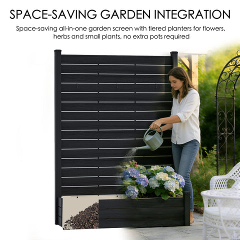Anatomical diagram labeling the parts of the Kozyard WPC Privacy Screen with Planter. This black composite fence unit is built with strong, durable aluminum posts, reinforced with edge strips and top covers for a finished look. Features include integrated hanging hooks for decorations or plants, and high-quality wood-plastic composite panels for long-lasting, weather-resistant outdoor use. Ideal for DIY patio screening projects.