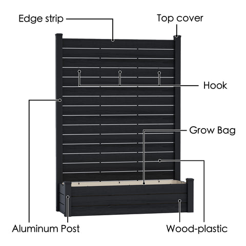 Kozyard Outdoor Fence Planter Components: Edge Strip, Top Cover, Detachable Hooks, Waterproof Grow Bag, Aluminum Posts & Wood-Plastic Panels – Easy-Assemble Vertical Garden Privacy Planter.
