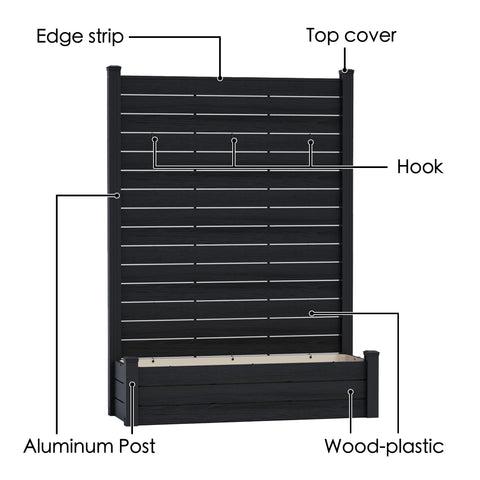 Kozyard VS Other Brand Garden Privacy Screen Planter comparison infographic. This chart highlights key advantages: Kozyard's 57 lbs heavy-duty construction vs competitors' 30 lbs, superior mortise and tenon joint assembly with no drilling, durable aluminum frame pipes with plastic wood composite (WPC) panels, and included expansion screws for stable, secure concrete anchoring. Choose a sturdy, long-lasting outdoor privacy fence planter.