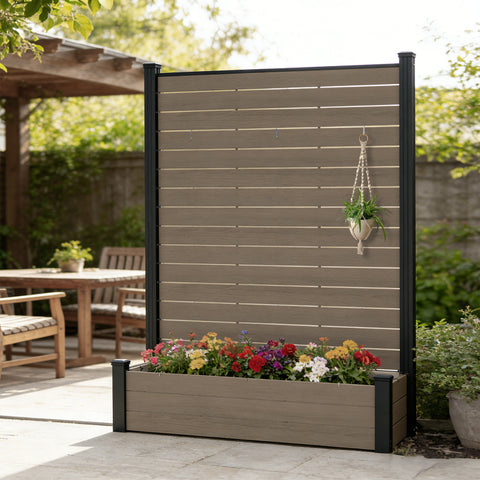 Kozyard Outdoor Privacy Fence Planter – Vertical Garden Design with Detachable Hooks & Built-In Planter Box, Constructed from Durable Wood-Plastic Panels & Aluminum Posts – Stylish Outdoor Decor for Patios/Yards.
