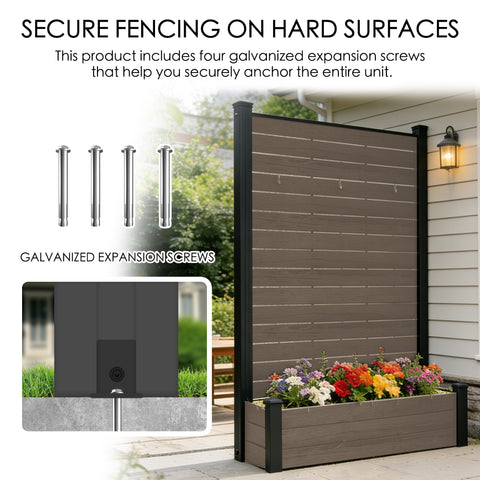 Kozyard Outdoor Privacy Fence Planter: Includes 4 Galvanized Expansion Screws for Secure Hard Surface Anchoring – Durable Wood-Plastic Panels & Aluminum Posts, Built-In Planter Box for Outdoor Gardens.
