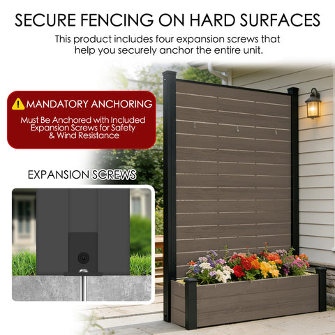 Space-saving garden integration with the Kozyard all-in-one privacy screen and raised planter box. This composite WPC fence features an integrated watering design where a woman is watering hydrangeas. No extra pots are needed. The vertical screen includes hanging hooks for herbs, small plants, or decorative items. Perfect for compact patios, balconies, or outdoor room dividers, combining aesthetics and utility.