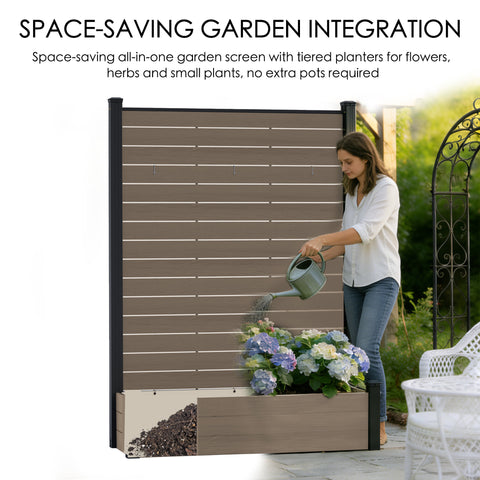 Anatomical diagram labeling the parts of the Kozyard WPC Privacy Screen with Planter. This black composite fence unit is built with strong, durable aluminum posts, reinforced with edge strips and top covers for a finished look. Features include integrated hanging hooks for decorations or plants, and high-quality wood-plastic composite panels for long-lasting, weather-resistant outdoor use. Ideal for DIY patio screening projects.
