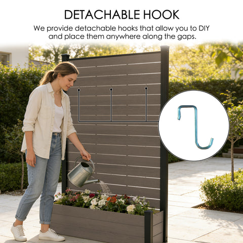 Kozyard Outdoor Fence Planter with Detachable Hooks: DIY Hook Placement Along Slats, Built-In Planter Box, Vertical Garden Style – Crafted from Durable Wood-Plastic Panels & Aluminum Posts for Yards.
