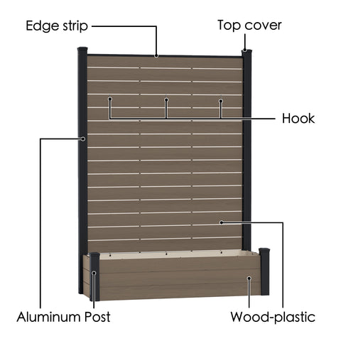 Kozyard VS Other Brand Garden Privacy Screen Planter comparison infographic. This chart highlights key advantages: Kozyard's 57 lbs heavy-duty construction vs competitors' 30 lbs, superior mortise and tenon joint assembly with no drilling, durable aluminum frame pipes with plastic wood composite (WPC) panels, and included expansion screws for stable, secure concrete anchoring. Choose a sturdy, long-lasting outdoor privacy fence planter.