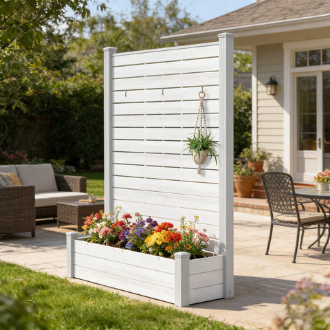 Kozyard Outdoor Privacy Fence Planter – Vertical Garden Design with Detachable Hooks & Built-In Planter Box, Constructed from Durable Wood-Plastic Panels & Aluminum Posts – Stylish Outdoor Decor for Patios/Yards.
