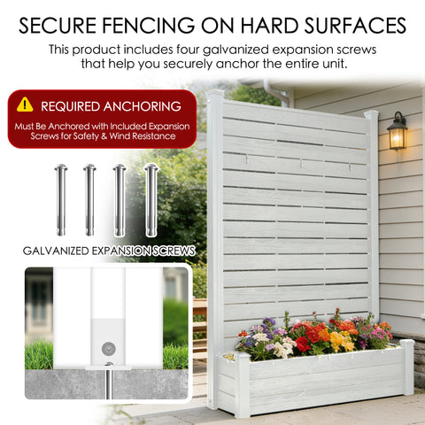 Kozyard Outdoor Privacy Fence Planter: Includes 4 Galvanized Expansion Screws for Secure Hard Surface Anchoring – Durable Wood-Plastic Panels & Aluminum Posts, Built-In Planter Box for Outdoor Gardens.
