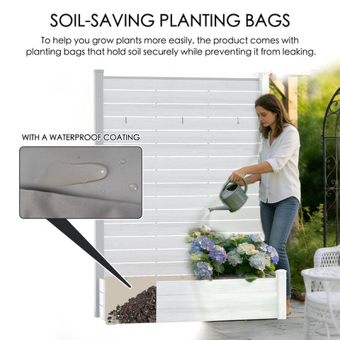 Kozyard Outdoor Vertical Garden Fence Planter: Soil-Saving Waterproof Planting Bags (Prevents Leakage) + Built-In Planter Box, Made of Durable Wood-Plastic Panels & Aluminum Posts – Perfect for Patio Planting.
