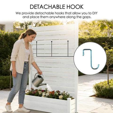 Kozyard Outdoor Fence Planter with Detachable Hooks: DIY Hook Placement Along Slats, Built-In Planter Box, Vertical Garden Style – Crafted from Durable Wood-Plastic Panels & Aluminum Posts for Yards.

