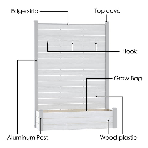 Kozyard Outdoor Fence Planter Components: Edge Strip, Top Cover, Detachable Hooks, Waterproof Grow Bag, Aluminum Posts & Wood-Plastic Panels – Easy-Assemble Vertical Garden Privacy Planter.
