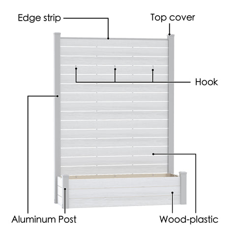 Kozyard VS Other Brand Garden Privacy Screen Planter comparison infographic. This chart highlights key advantages: Kozyard's 57 lbs heavy-duty construction vs competitors' 30 lbs, superior mortise and tenon joint assembly with no drilling, durable aluminum frame pipes with plastic wood composite (WPC) panels, and included expansion screws for stable, secure concrete anchoring. Choose a sturdy, long-lasting outdoor privacy fence planter.