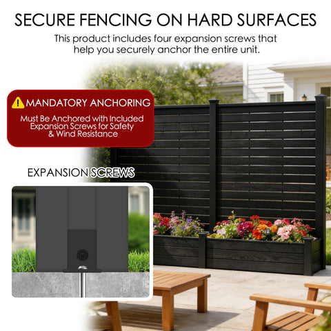 Space-saving garden integration with the Kozyard all-in-one privacy screen and raised planter box. This composite WPC fence features an integrated watering design where a woman is watering hydrangeas. No extra pots are needed. The vertical screen includes hanging hooks for herbs, small plants, or decorative items. Perfect for compact patios, balconies, or outdoor room dividers, combining aesthetics and utility.