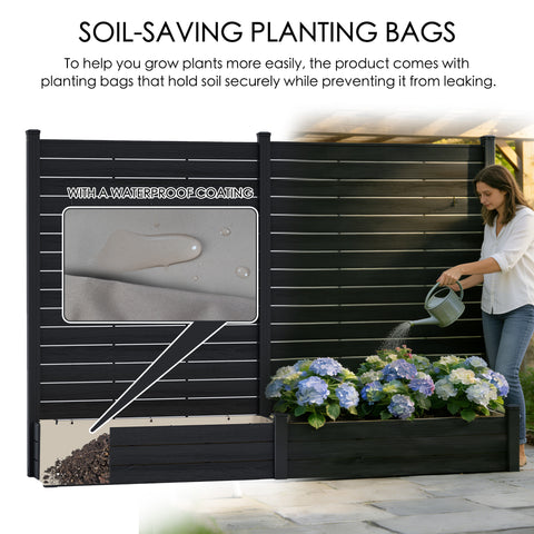 Kozyard Outdoor Vertical Garden Fence Planter: Soil-Saving Waterproof Planting Bags (Prevents Leakage) + Built-In Planter Box, Made of Durable Wood-Plastic Panels & Aluminum Posts – Perfect for Patio Planting.
