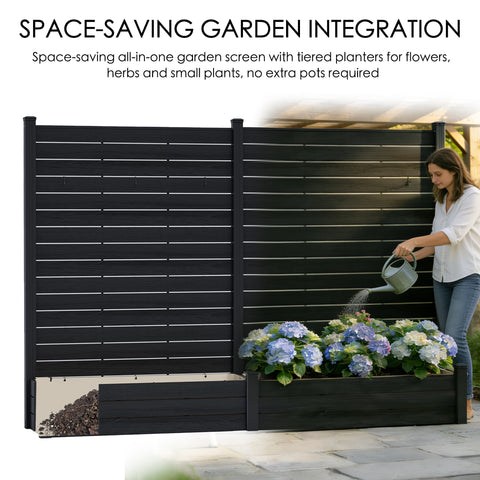 Anatomical diagram labeling the parts of the Kozyard WPC Privacy Screen with Planter. This black composite fence unit is built with strong, durable aluminum posts, reinforced with edge strips and top covers for a finished look. Features include integrated hanging hooks for decorations or plants, and high-quality wood-plastic composite panels for long-lasting, weather-resistant outdoor use. Ideal for DIY patio screening projects.