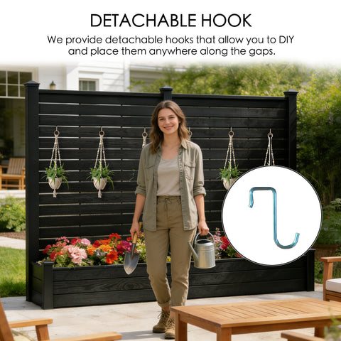 Kozyard Outdoor Fence Planter with Detachable Hooks: DIY Hook Placement Along Slats, Built-In Planter Box, Vertical Garden Style – Crafted from Durable Wood-Plastic Panels & Aluminum Posts for Yards.
