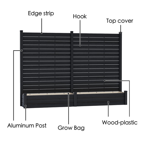 Kozyard Outdoor Fence Planter Components: Edge Strip, Top Cover, Detachable Hooks, Waterproof Grow Bag, Aluminum Posts & Wood-Plastic Panels – Easy-Assemble Vertical Garden Privacy Planter.
