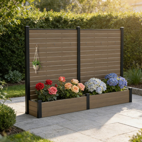 Kozyard Outdoor Privacy Fence Planter – Vertical Garden Design with Detachable Hooks & Built-In Planter Box, Constructed from Durable Wood-Plastic Panels & Aluminum Posts – Stylish Outdoor Decor for Patios/Yards.
