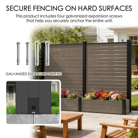 Kozyard Outdoor Privacy Fence Planter: Includes 4 Galvanized Expansion Screws for Secure Hard Surface Anchoring – Durable Wood-Plastic Panels & Aluminum Posts, Built-In Planter Box for Outdoor Gardens.
