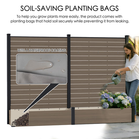 Kozyard Outdoor Vertical Garden Fence Planter: Soil-Saving Waterproof Planting Bags (Prevents Leakage) + Built-In Planter Box, Made of Durable Wood-Plastic Panels & Aluminum Posts – Perfect for Patio Planting.
