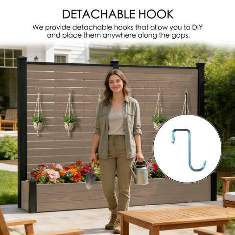 Kozyard Outdoor Fence Planter with Detachable Hooks: DIY Hook Placement Along Slats, Built-In Planter Box, Vertical Garden Style – Crafted from Durable Wood-Plastic Panels & Aluminum Posts for Yards.

