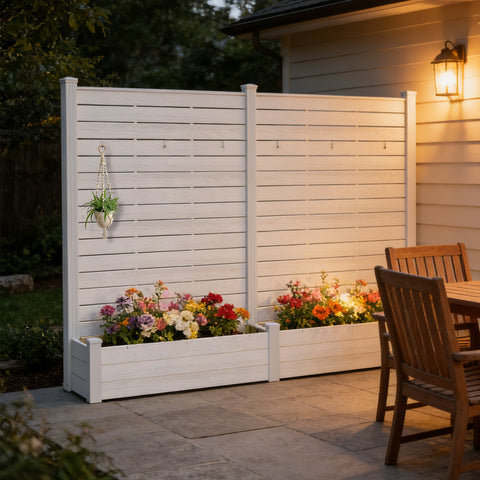 Kozyard Outdoor Privacy Fence Planter – Vertical Garden Design with Detachable Hooks & Built-In Planter Box, Constructed from Durable Wood-Plastic Panels & Aluminum Posts – Stylish Outdoor Decor for Patios/Yards.
