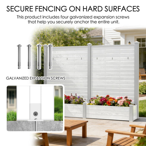 Kozyard Outdoor Privacy Fence Planter: Includes 4 Galvanized Expansion Screws for Secure Hard Surface Anchoring – Durable Wood-Plastic Panels & Aluminum Posts, Built-In Planter Box for Outdoor Gardens.
